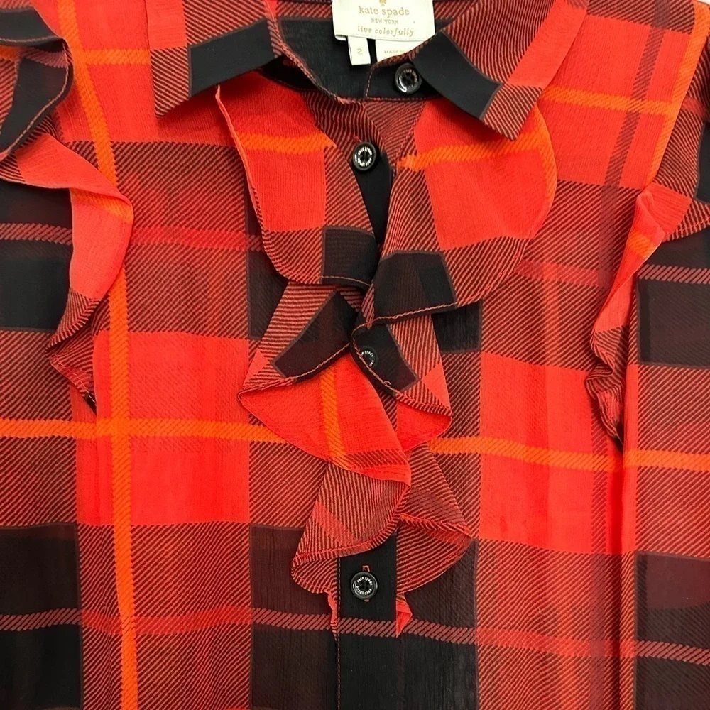 Kate Spade Red Plaid Semi Sheer Silk Ruffle Shirt size 2